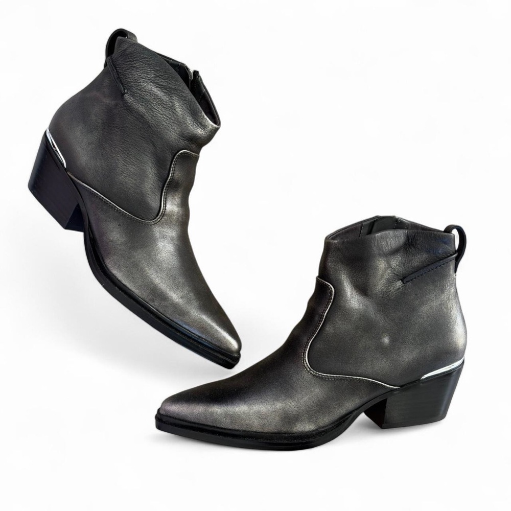 Franco Sarto Women's Black Silver Leather A-Blake Pointed Toe Western Booties